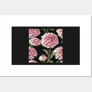 Pretty Pink Zinnia Flower Pattern on Black Background Posters and Art